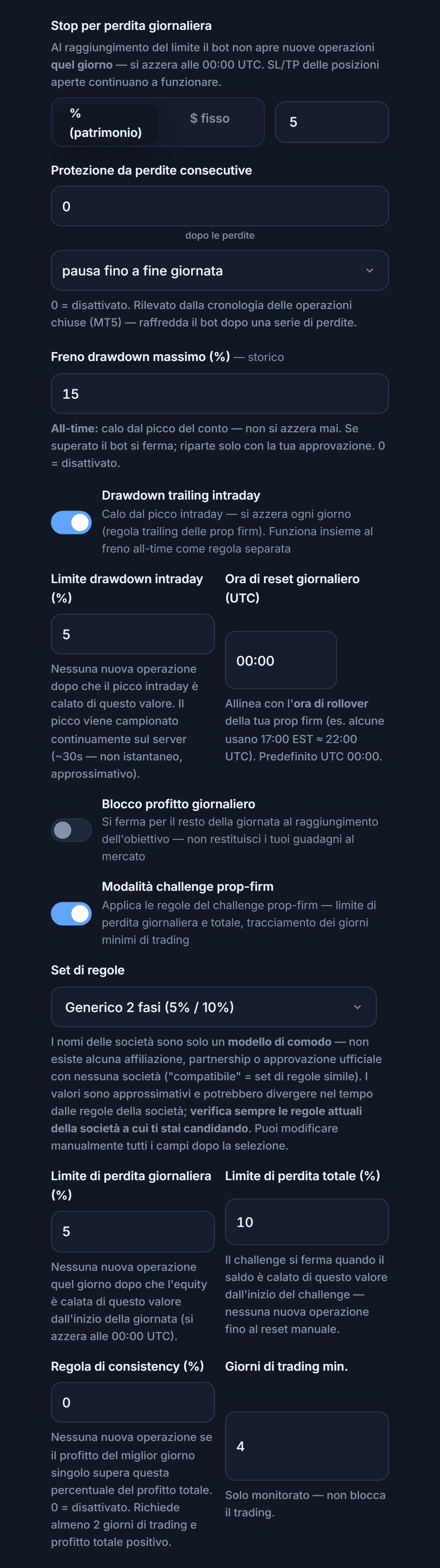 Scudo di Protezione avanzato: stop di perdita giornaliera, protezione da perdite consecutive, drawdown max., drawdown trailing intraday, blocco profitto giornaliero, modalità challenge prop-firm e set di regole