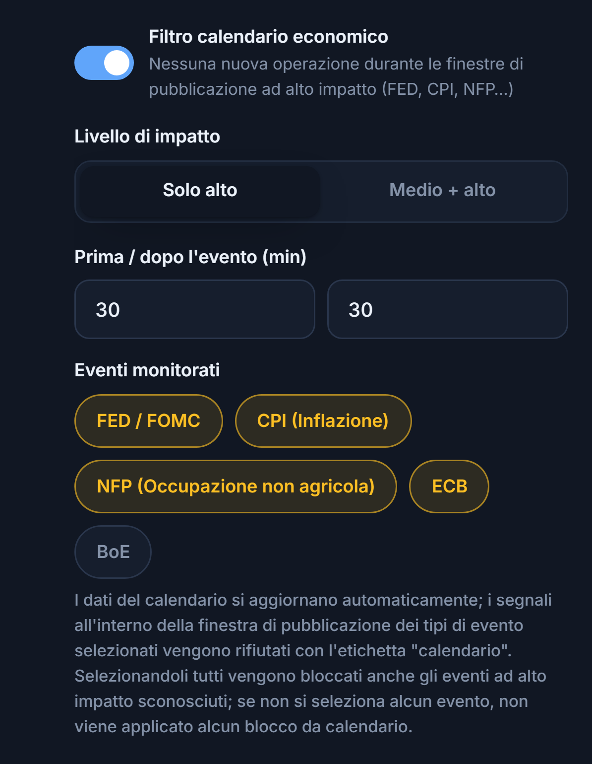 Filtro calendario economico: interruttore attivo, livello di impatto, minuti prima e dopo la notizia, tipi di evento
