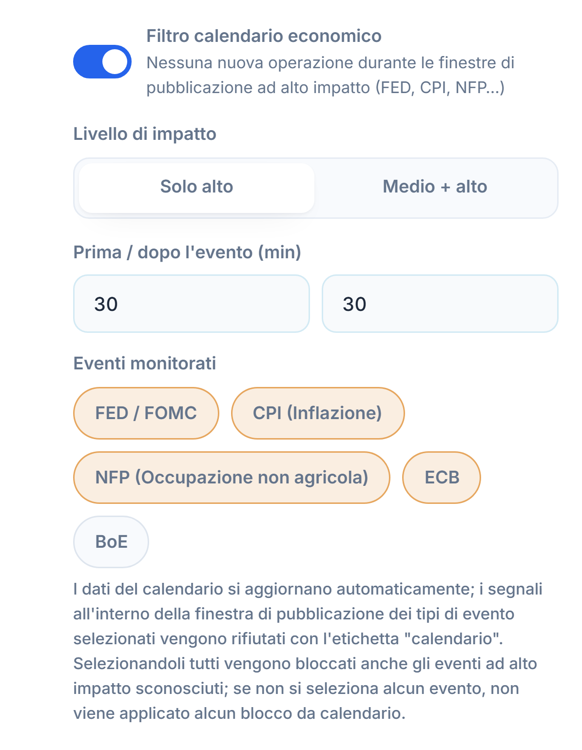Filtro calendario economico: interruttore attivo, livello di impatto, minuti prima e dopo la notizia, tipi di evento