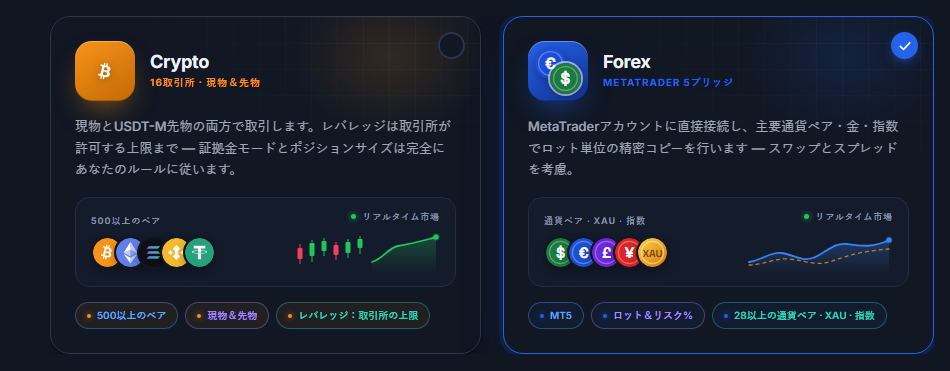 市場の選択：CryptoカードとForexカード、Forexカードが選択された状態