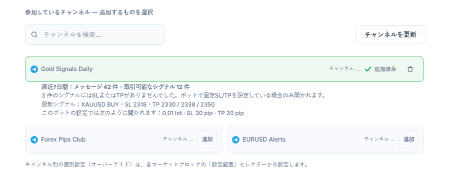 接続後のシグナルチャンネルセクション：チャンネル検索ボックス、チャンネルを更新ボタン、追加ボタン付きのチャンネル、追加済みチャンネルの「追加済み」マーク、その下の7日間チャンネル成績表