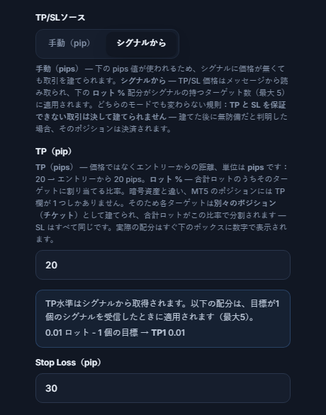 TP / SL（pip）：TP/SLソースはシグナルからが選択された状態