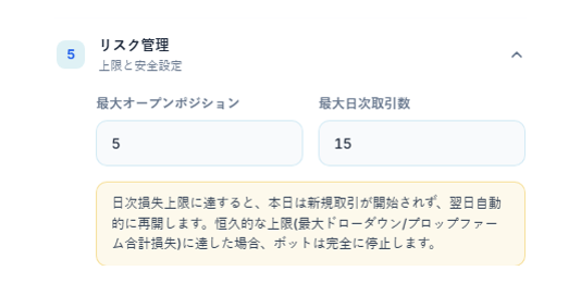 リスク管理：最大オープンポジション5と最大日次取引数15