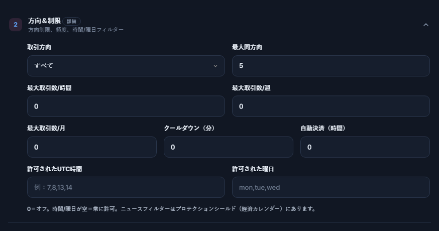 方向と上限：取引方向、最大同方向、時間・週・月ごとの取引数上限、クールダウン、自動決済、許可された時間と曜日