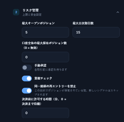 リスク管理詳細：最大オープンポジション、口座全体の上限、手動承認、重複チェック、同一銘柄ロック、最小待機時間