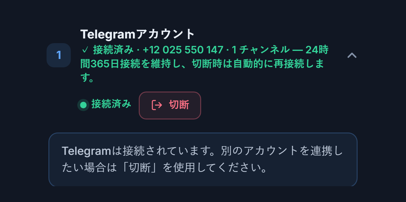 接続後のTelegramアカウントセクション：緑の接続済みバッジ、切断ボタン、Telegram接続済みの注記