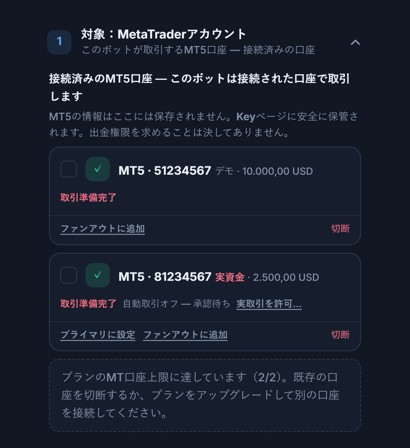 接続済みのMT5口座：デモ口座と実口座のカード、実口座には自動取引オフ・承認待ちの注記と実取引を許可…ボタン