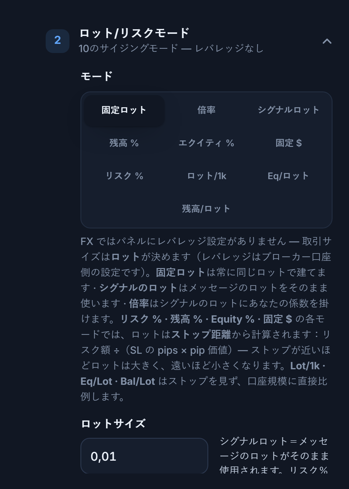 ロット/リスクモードセクション：固定ロットが選択され、ロットサイズ欄は0.01