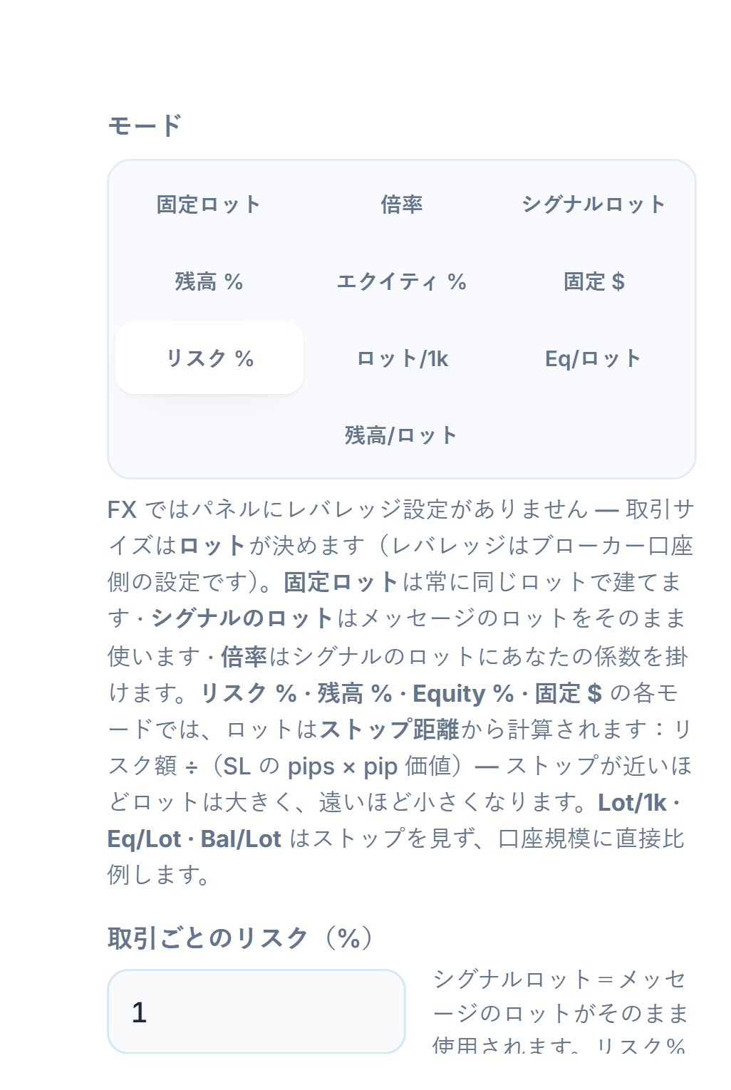 ロット/リスクモード：リスク %が選択され、取引ごとのリスク（%）欄
