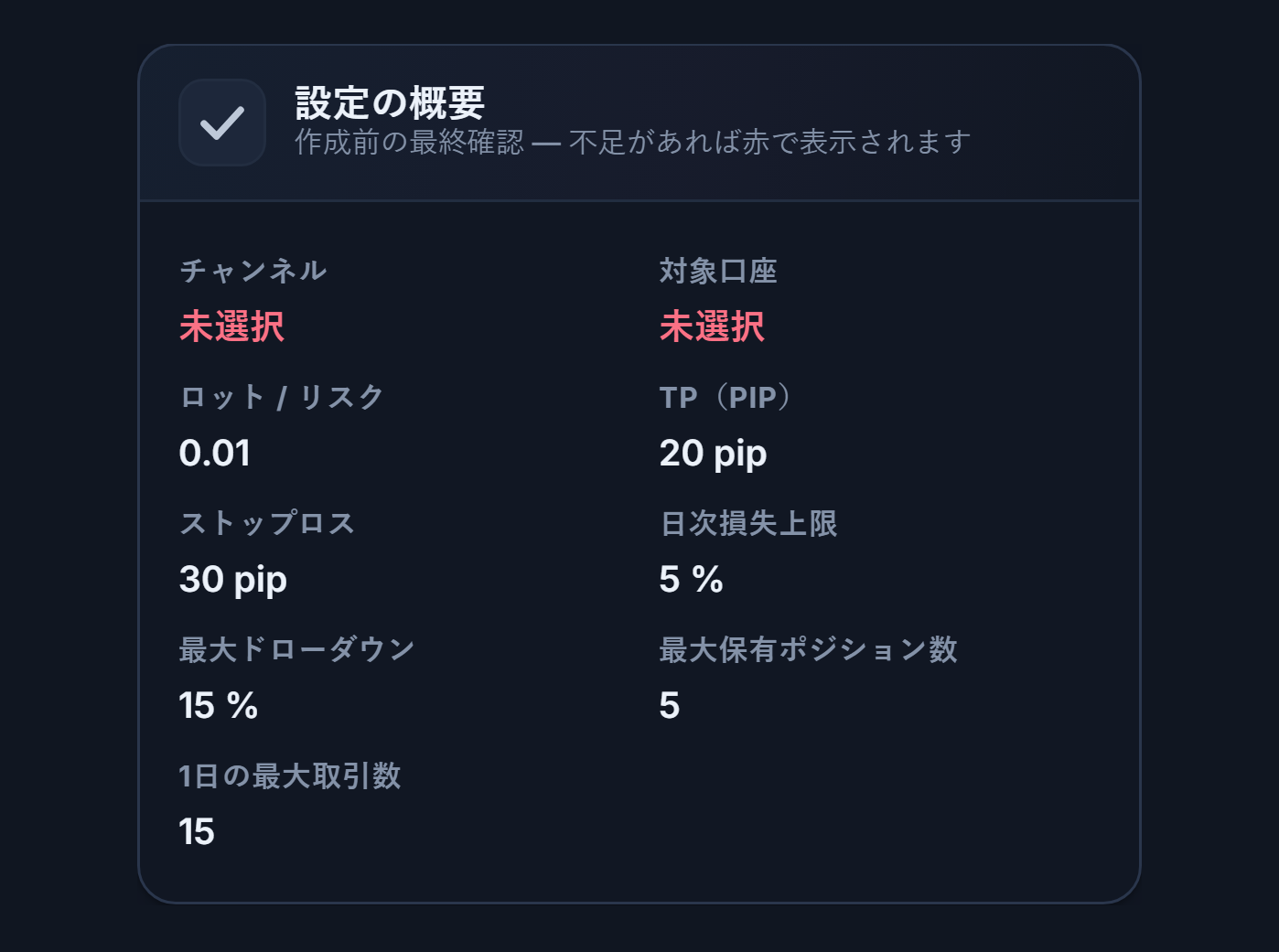 設定の概要：チャンネルと対象口座の欄は赤字で未選択、ロット、TP、Stop Loss、日次損失、上限の値