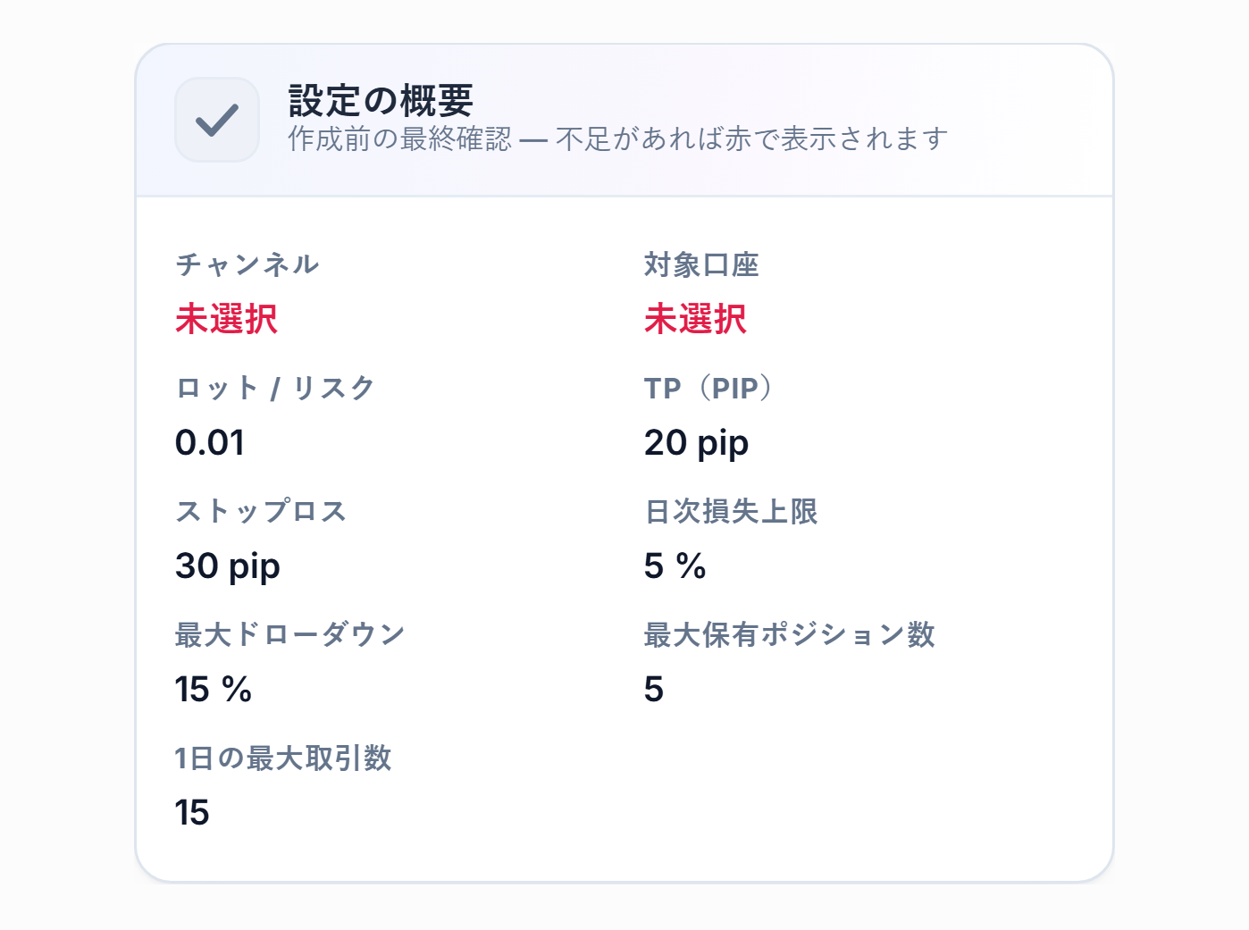 設定の概要：チャンネルと対象口座の欄は赤字で未選択、ロット、TP、Stop Loss、日次損失、上限の値