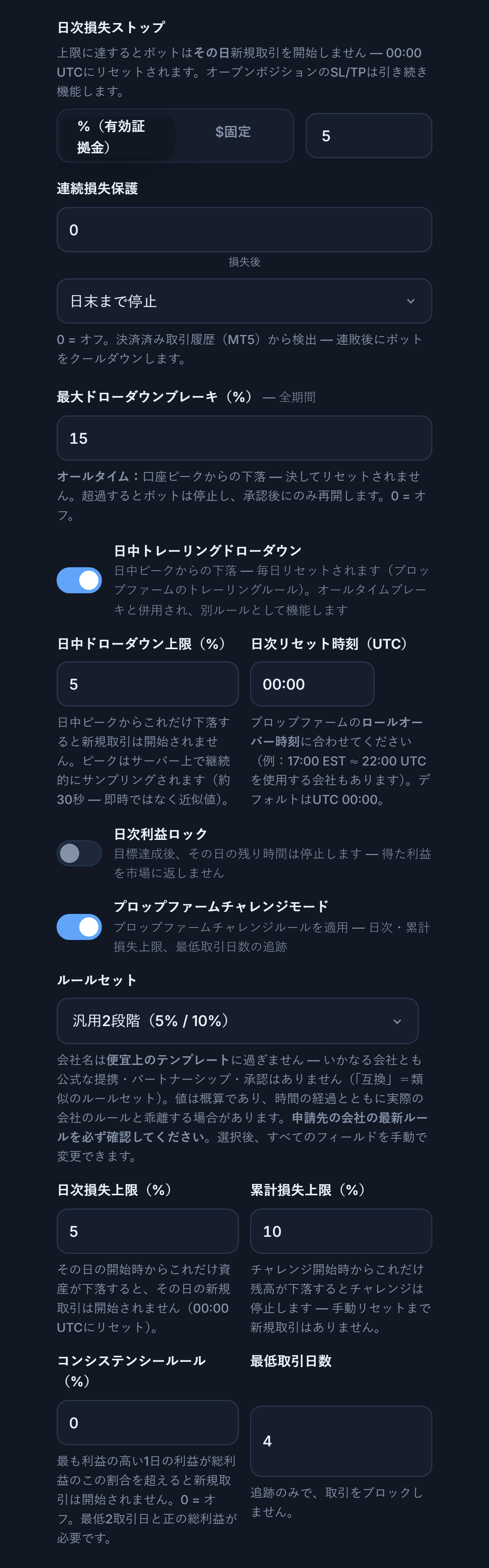 プロテクションシールド詳細：日次損失ストップ、連続損失保護、最大ドローダウン、日中トレーリングドローダウン、日次利益ロック、プロップファームチャレンジモード、ルールセット