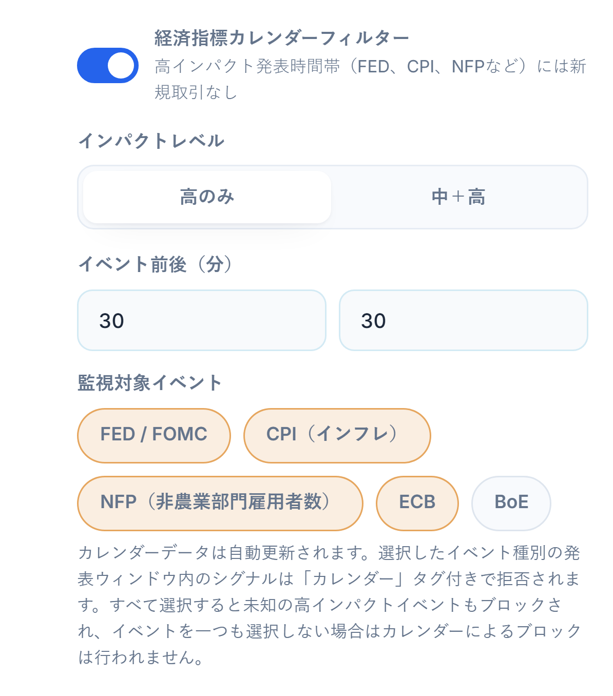 経済指標カレンダーフィルター：スイッチオン、インパクトレベル、ニュース前後の分数、イベントの種類