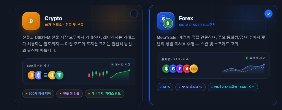시장 선택: Crypto와 Forex 카드, Forex 카드가 선택됨