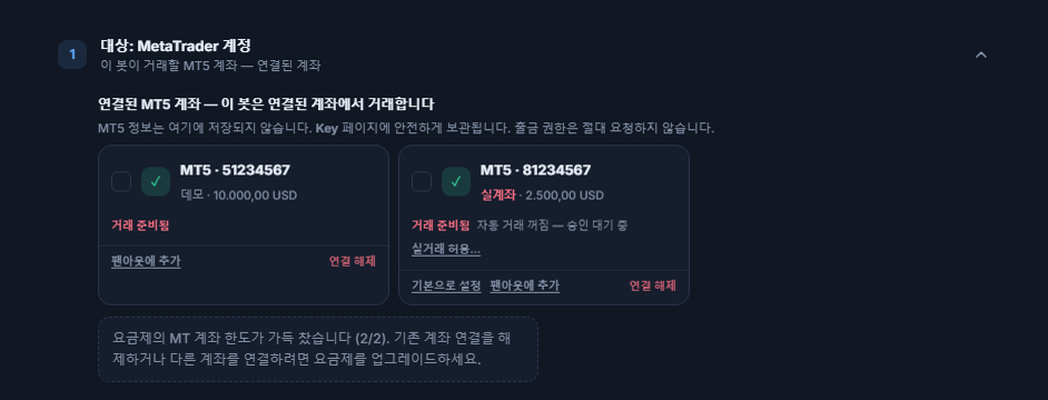 연결된 MT5 계좌: 데모 계좌 카드와 실계좌 카드 하나씩; 실계좌에는 자동 거래 꺼짐 — 승인 대기 중 안내와 실거래 허용 버튼
