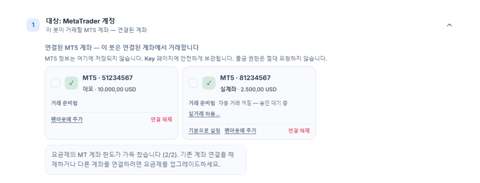 연결된 MT5 계좌: 데모 계좌 카드와 실계좌 카드 하나씩; 실계좌에는 자동 거래 꺼짐 — 승인 대기 중 안내와 실거래 허용 버튼