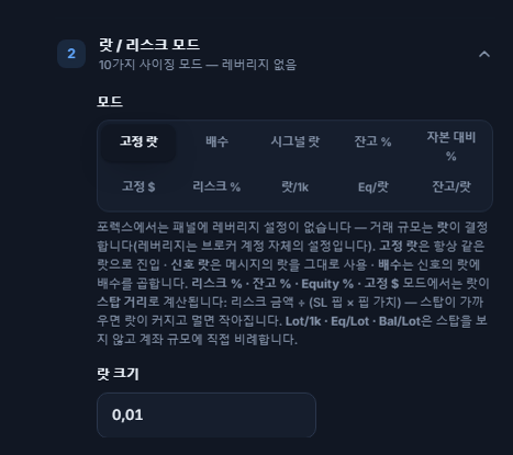 랏 / 리스크 모드 섹션: 고정 랏이 선택되어 있고 랏 크기 입력란이 0.01