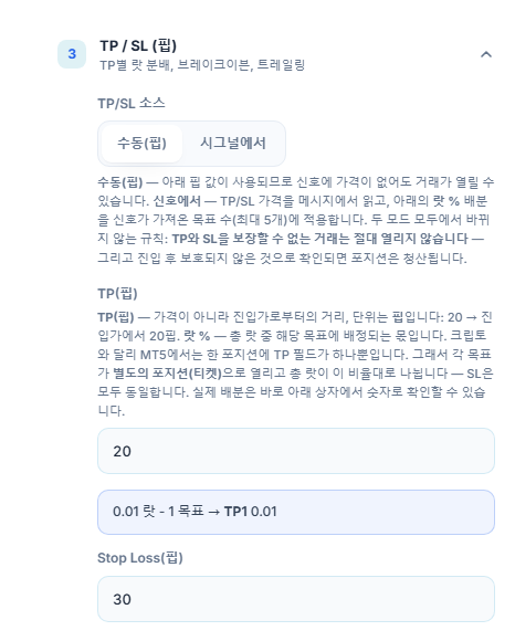 TP / SL (핍) 섹션: TP/SL 소스가 수동(핍)으로 선택되어 있고, TP(핍) 20, Stop Loss(핍) 30