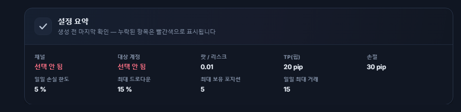 설정 요약: 채널과 대상 계정 항목이 빨간색 선택 안 됨이고, 랏, TP, Stop Loss, 일일 손실과 한도 값
