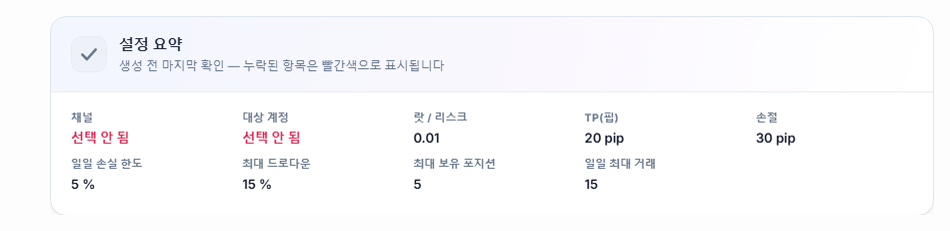 설정 요약: 채널과 대상 계정 항목이 빨간색 선택 안 됨이고, 랏, TP, Stop Loss, 일일 손실과 한도 값