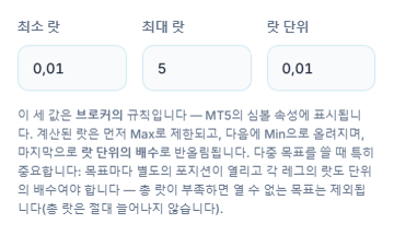 최소 랏 0.01, 최대 랏 5, 랏 단위 0.01 입력란