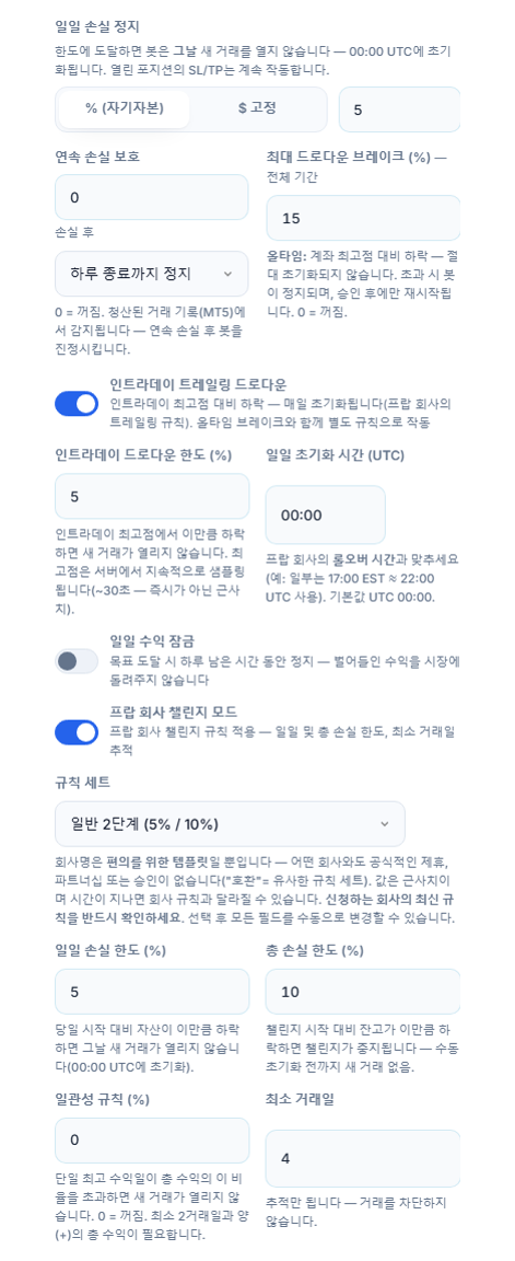고급 보호막: 일일 손실 정지, 연속 손실 보호, 최대 드로다운, 인트라데이 트레일링 드로다운, 일일 수익 잠금, 프랍 회사 챌린지 모드와 규칙 세트