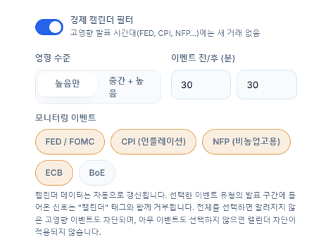 경제 캘린더 필터: 켜진 스위치, 영향 수준, 뉴스 전후 분, 이벤트 유형
