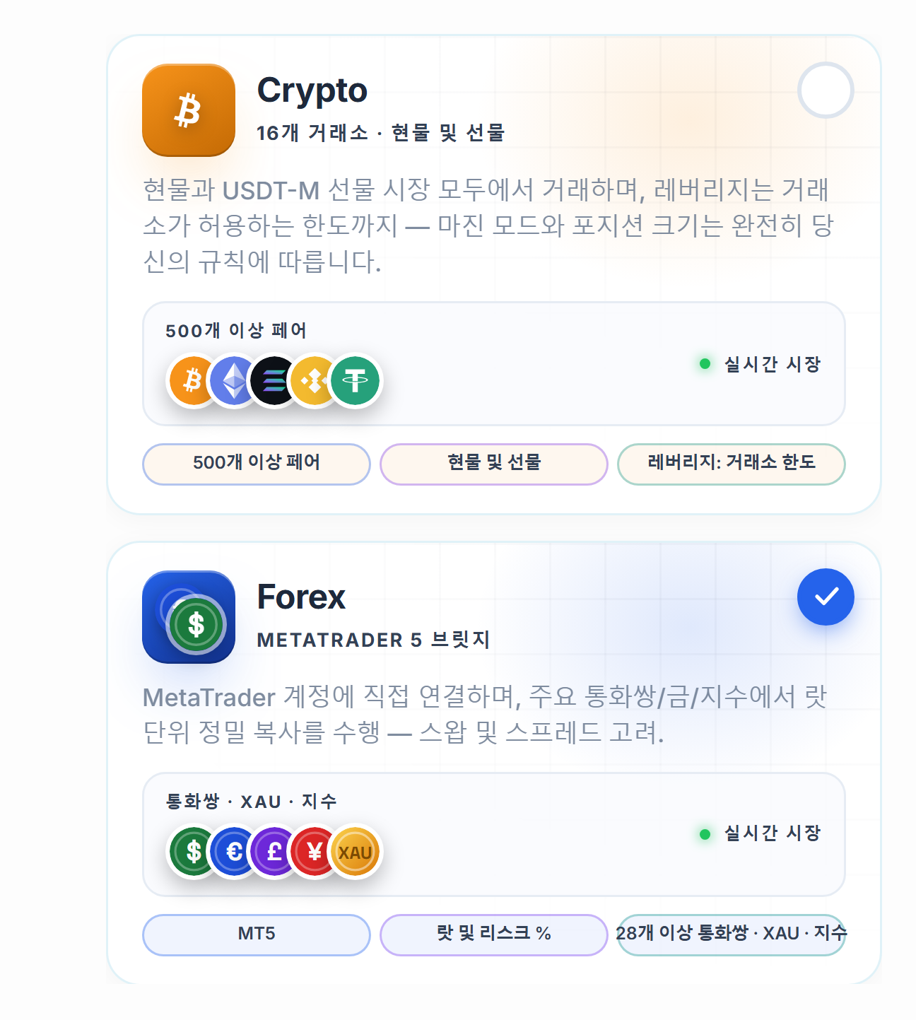 시장 선택: Crypto와 Forex 카드, Forex 카드가 선택됨