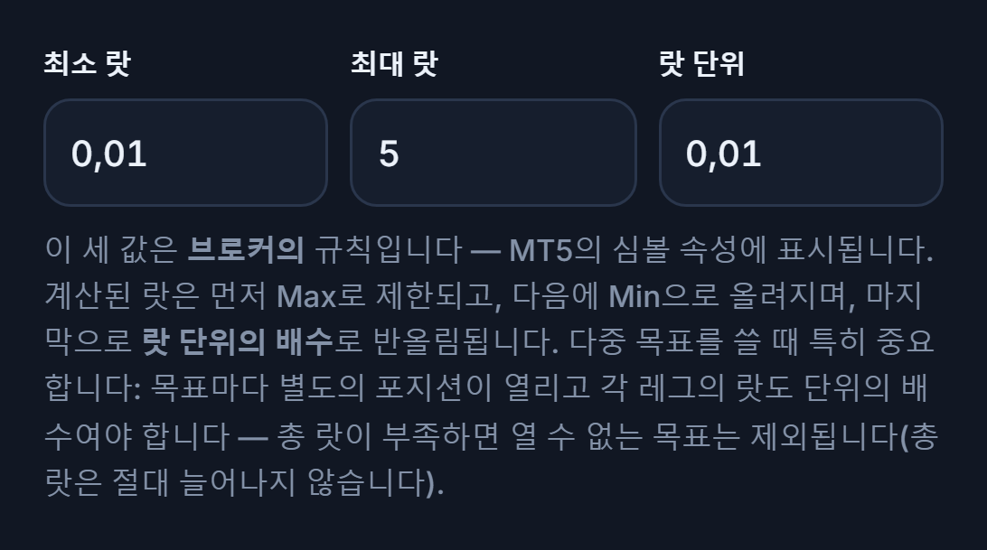 최소 랏 0.01, 최대 랏 5, 랏 단위 0.01 입력란