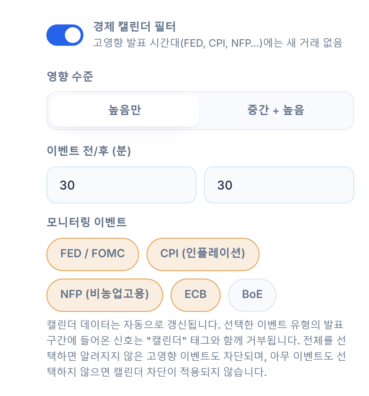 경제 캘린더 필터: 켜진 스위치, 영향 수준, 뉴스 전후 분, 이벤트 유형
