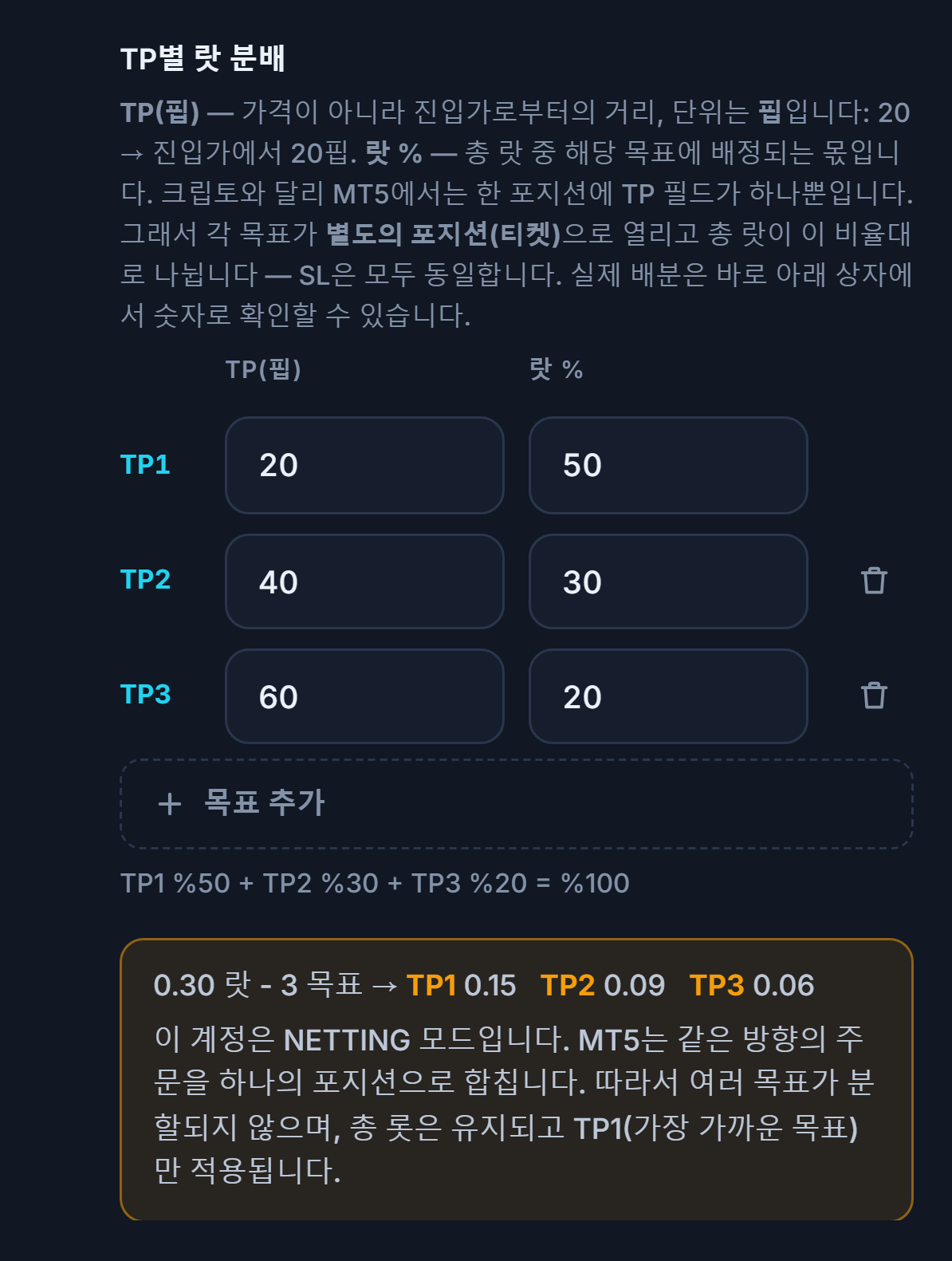 NETTING 계좌 안내: 다중 목표는 나뉘지 않고 전체 랏이 유지되며 TP1만 적용됨