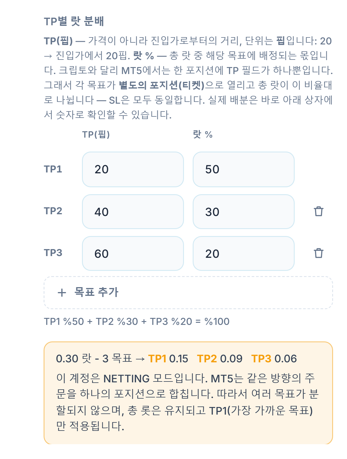 NETTING 계좌 안내: 다중 목표는 나뉘지 않고 전체 랏이 유지되며 TP1만 적용됨