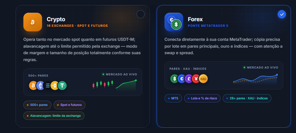 Seleção do mercado: cartões Crypto e Forex, com o cartão Forex selecionado