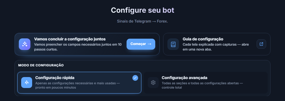 Parte superior da tela Configurar seu bot: botão Começar do guia de configuração, cartões de Configuração rápida e Configuração avançada