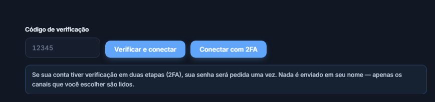 Campo Código de Verificação e botão Verificar e conectar