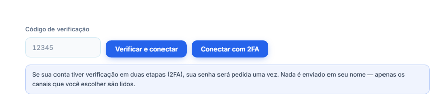 Campo Código de Verificação e botão Verificar e conectar