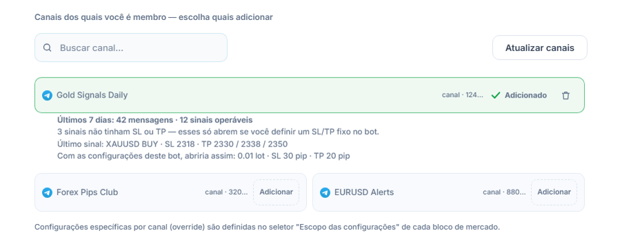 Seção Canais de Sinal depois de conectada: caixa de busca de canal, botão Atualizar canais, canais com o botão Adicionar, marca Adicionado em um canal já adicionado e, abaixo, a verificação de 7 dias do canal