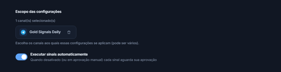 Seção Escopo das configurações depois de adicionar um canal: contador de 1 canal selecionado, chip do canal selecionado com marca verde e botão de remover no chip