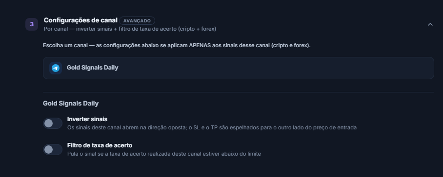 Acordeão Configurações de canal: linha do canal selecionado com moldura e, abaixo, as chaves Inverter sinais e Filtro de taxa de acerto