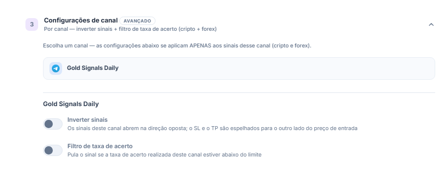 Acordeão Configurações de canal: linha do canal selecionado com moldura e, abaixo, as chaves Inverter sinais e Filtro de taxa de acerto