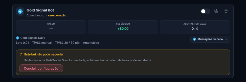 Cartão de bot de forex recém-criado no painel Meus bots: nome e fonte do bot, lista Este bot não pode negociar e botão Concluir configuração