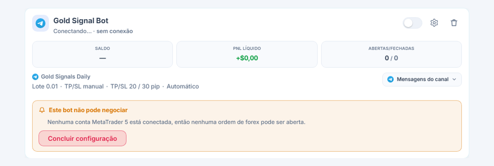 Cartão de bot de forex recém-criado no painel Meus bots: nome e fonte do bot, lista Este bot não pode negociar e botão Concluir configuração