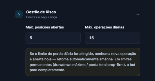Gestão de Risco: Máx. posições abertas 5 e Máx. operações diárias 15