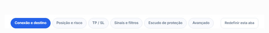 Abas da configuração avançada: Conexão, Posição, TP e SL, Sinal, Proteção, Avançado e restaurar padrão