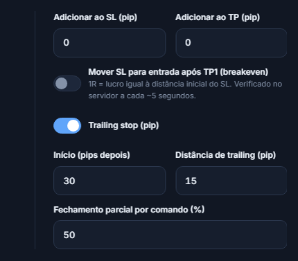 Campos de pips Adicionar ao SL e Adicionar ao TP, chave de breakeven, chave de trailing stop ligada com início e distância de trailing, e porcentagem de fechamento parcial por comando
