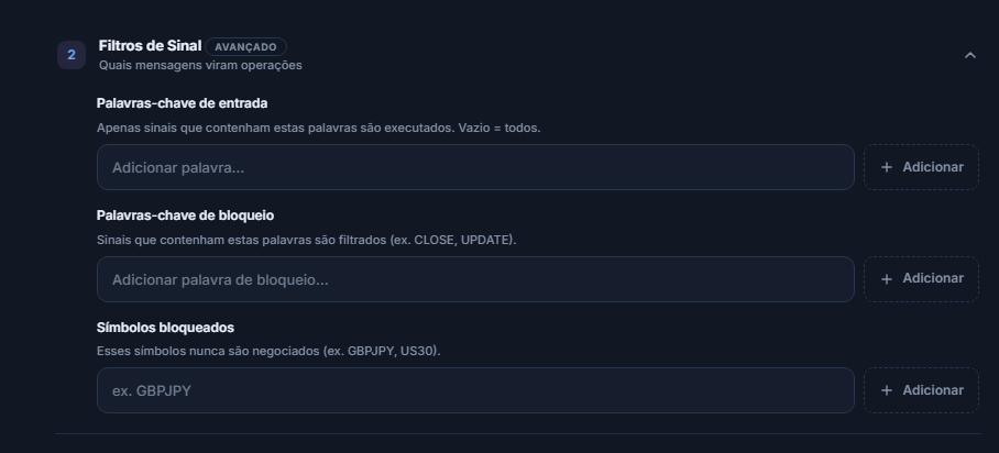 Filtros de Sinal: campos Palavras-chave de entrada, Palavras-chave de bloqueio e Símbolos bloqueados