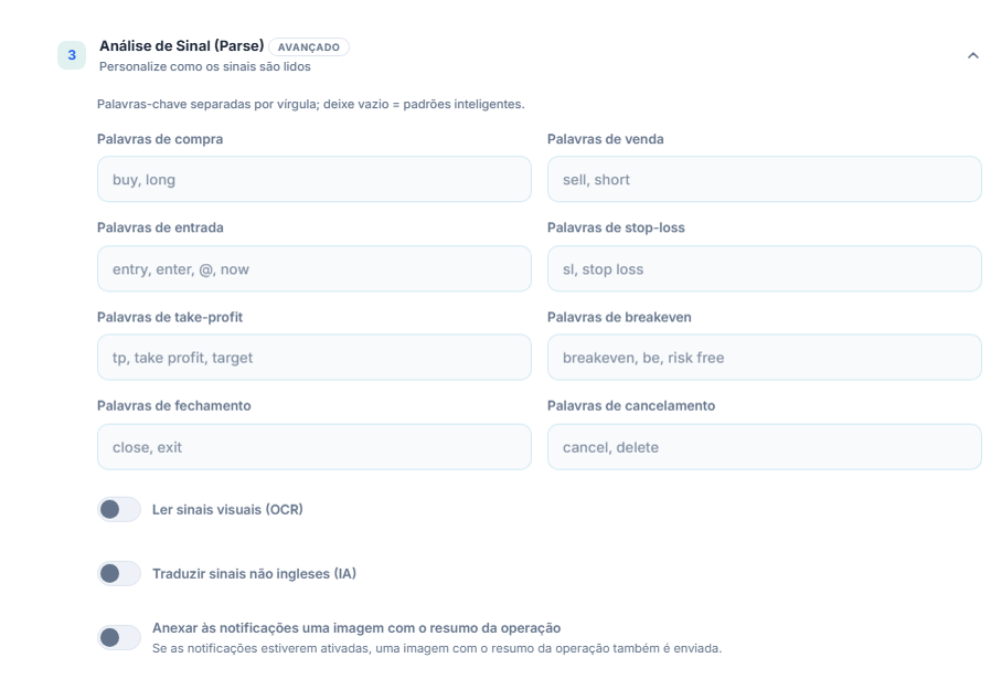 Análise de Sinal (Parse): palavras de compra, venda, entrada, stop-loss, take-profit, breakeven, fechamento e cancelamento; chaves de OCR, tradução e imagem de resumo