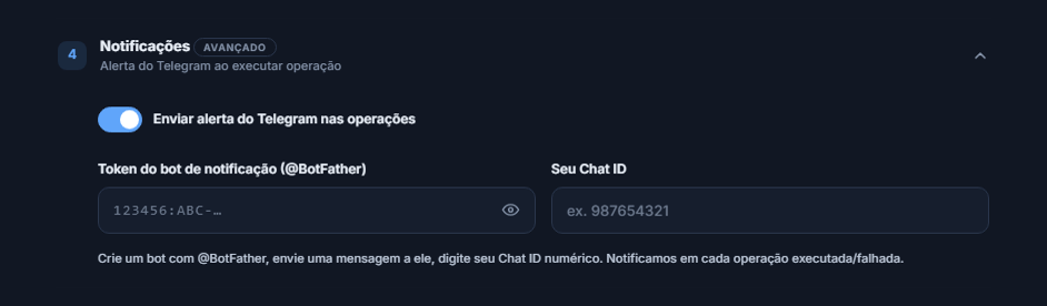 Notificações: chave de alerta do Telegram ligada, campos de token do bot e Chat ID