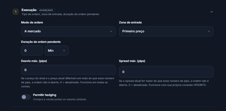 Seção Execução: Modo de ordem, Zona de entrada, Duração da ordem pendente, Desvio máx., Spread máx. e a chave Permitir hedging