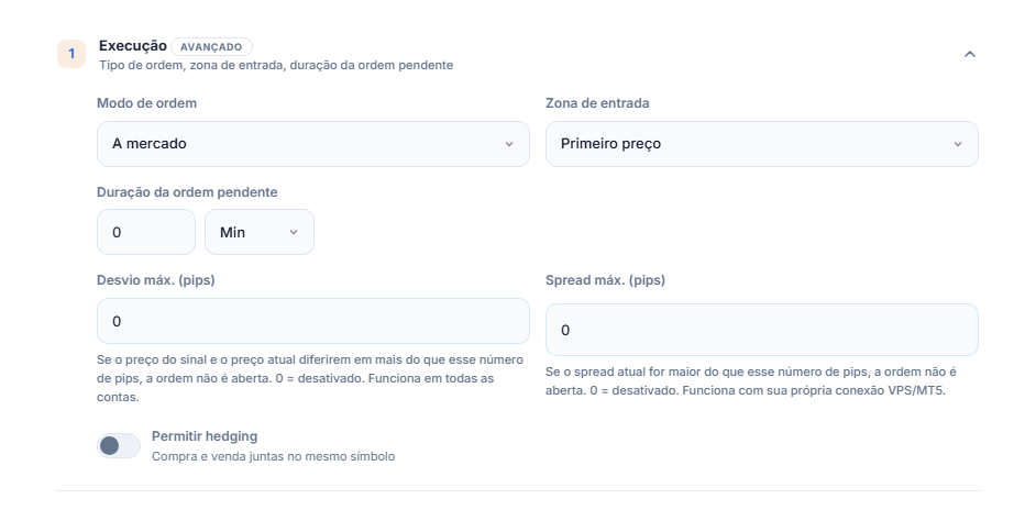 Seção Execução: Modo de ordem, Zona de entrada, Duração da ordem pendente, Desvio máx., Spread máx. e a chave Permitir hedging